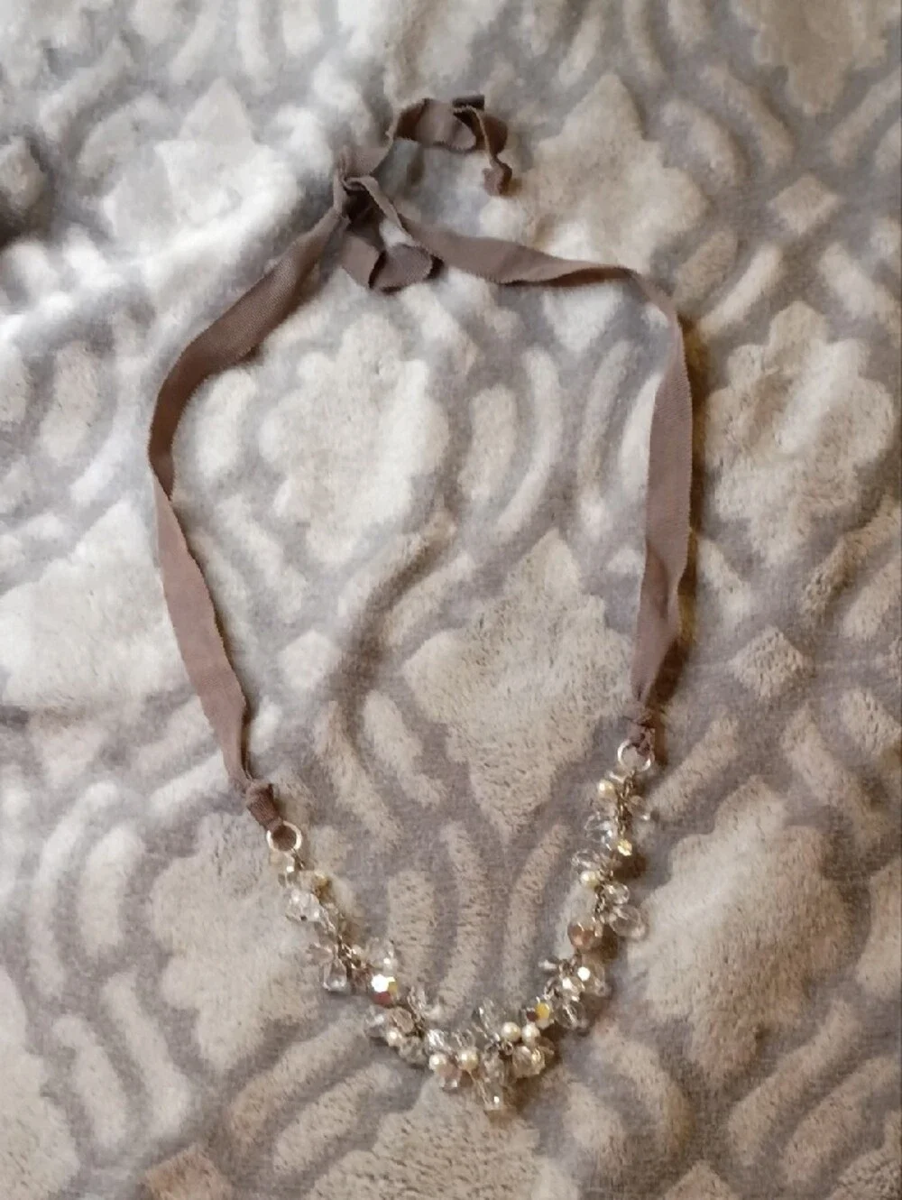 Taupe Ribbon Crystal & Pearl Necklace